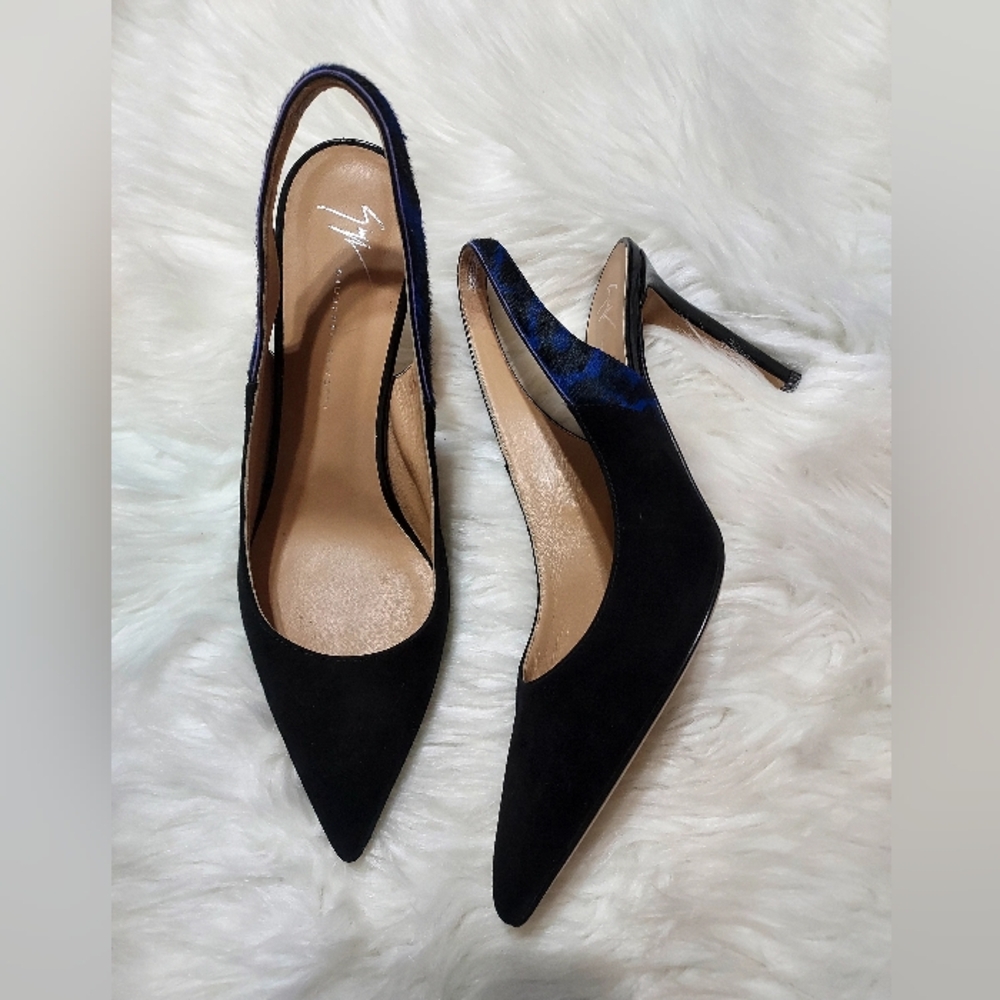 Giuseppe Zanotti Susie Felipe Suede With Pony Fur Slingback Heels Sz-41/10